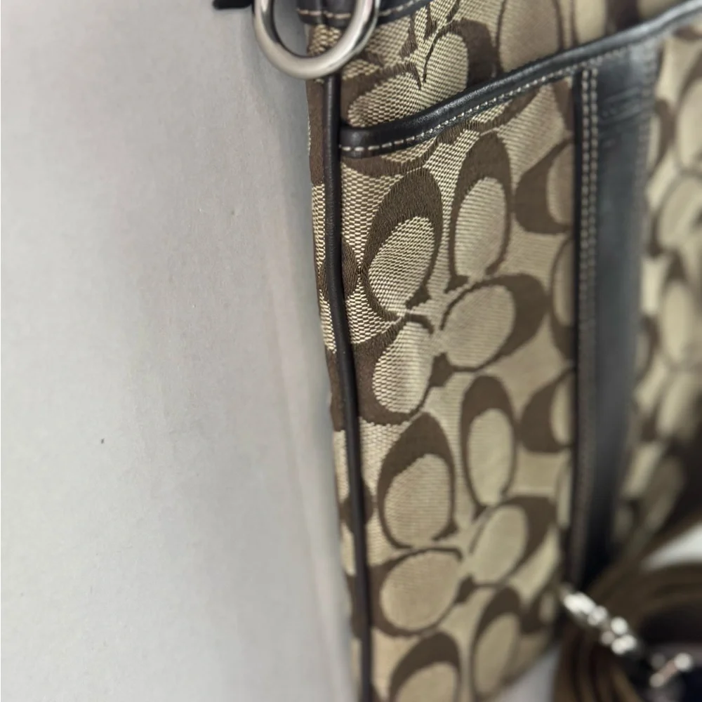 Coach Vintage Small Crossbody Bag Tan Logo Printed Canvas Brown Leather Accents.